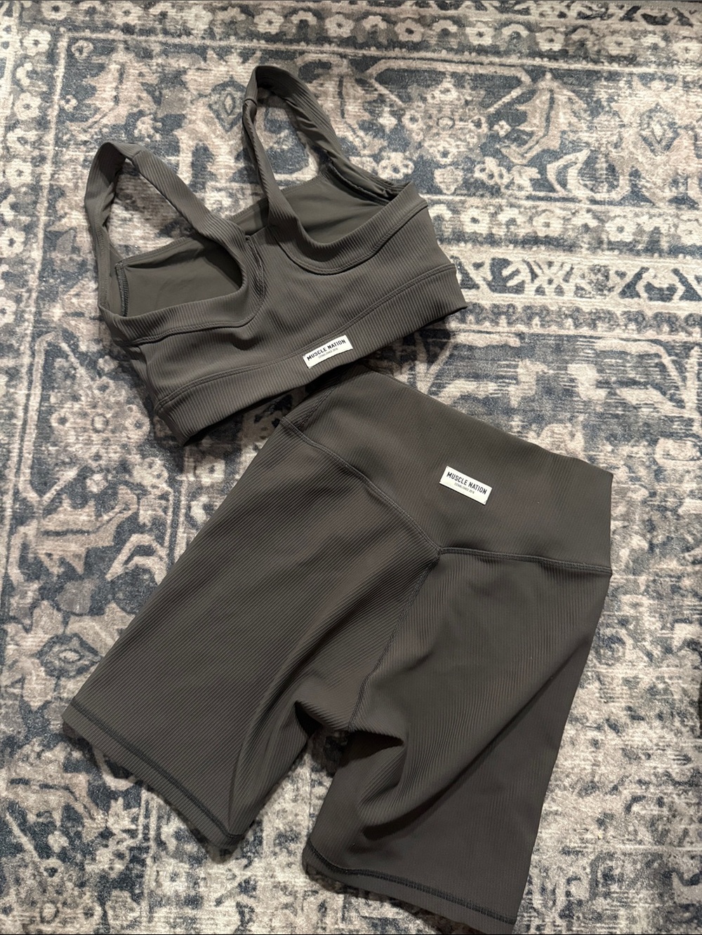 Muscle Nation Ribbed Sports Bra (S) and Bike Shorts (M but could fit a S) set